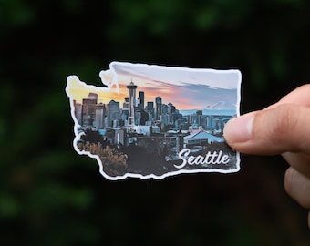 Seattle, Washington・3" Waterproof Vinyl Sticker・Vivid Colors・Laptop Sticker・Durable Decal・Traveler Gift・Water Bottle Sticker・Bumper Sticker
