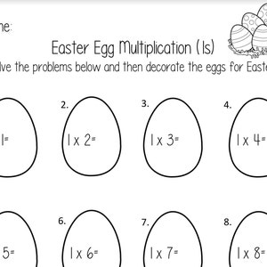 May include: Black and white worksheet with eight outlined eggs. Each egg has a multiplication problem inside, all of which involve multiplying 1 by a number from 1 to 8. The worksheet is titled "Easter Egg Multiplication (Is)" and instructs the user to solve the problems and decorate the eggs for Easter.