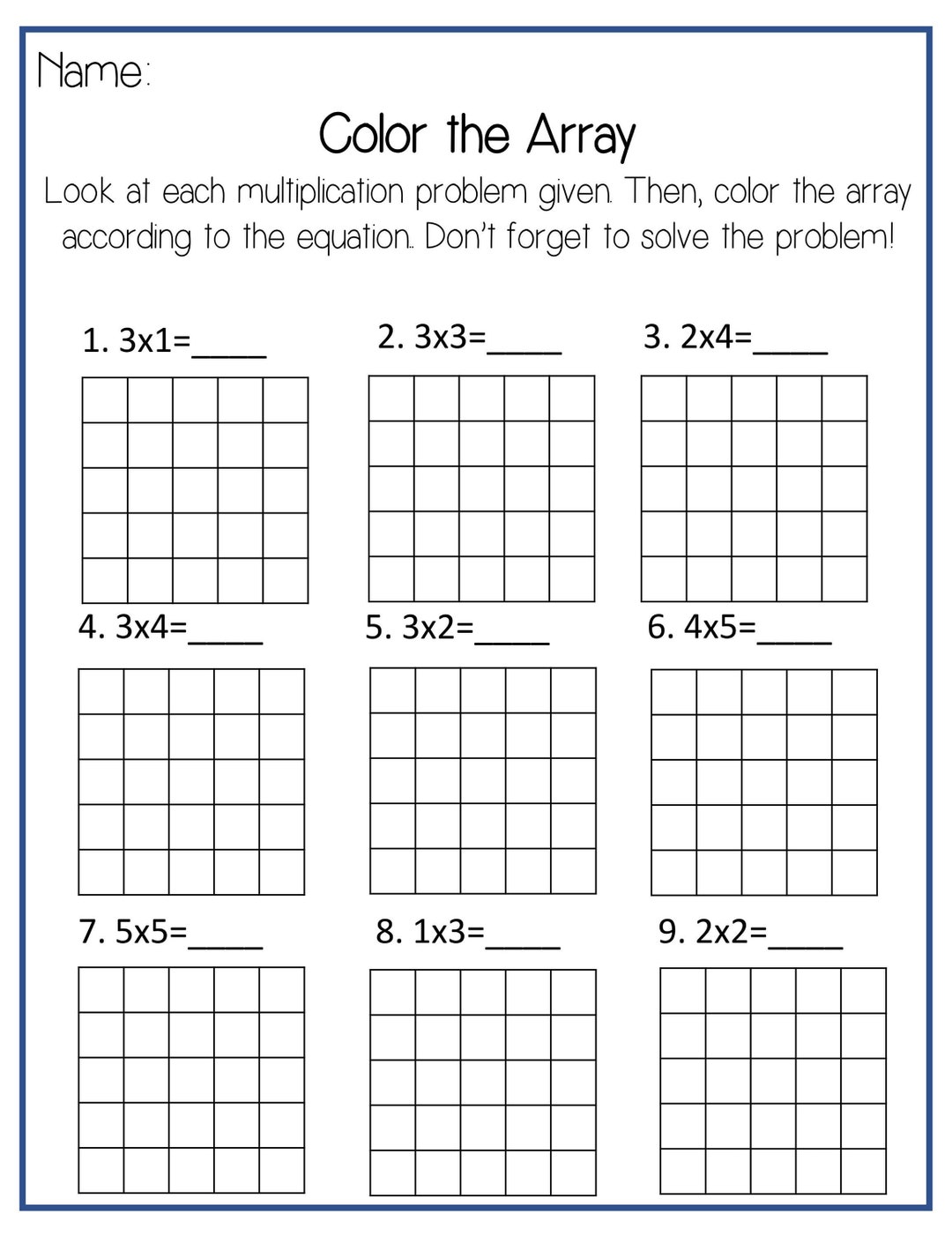 Color the Array Multiplication Eight Worksheets - Etsy
