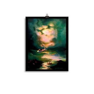 May include: An art print depicting a dramatic seascape with a small boat carrying figures under a stormy sky. The painting features a dark, moody color palette with shades of green, blue, and yellow, creating a sense of tension and mystery. The artwork is framed in a black border.