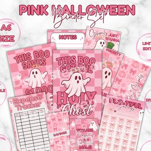 May include: A pink Halloween binder set featuring ghost illustrations and phrases like "This Boo Saves" and "Holy Ghost". The set includes inserts for expense tracking and savings. The text "A6 Size", "Changeable Design", and "Limited Edition" are also visible.