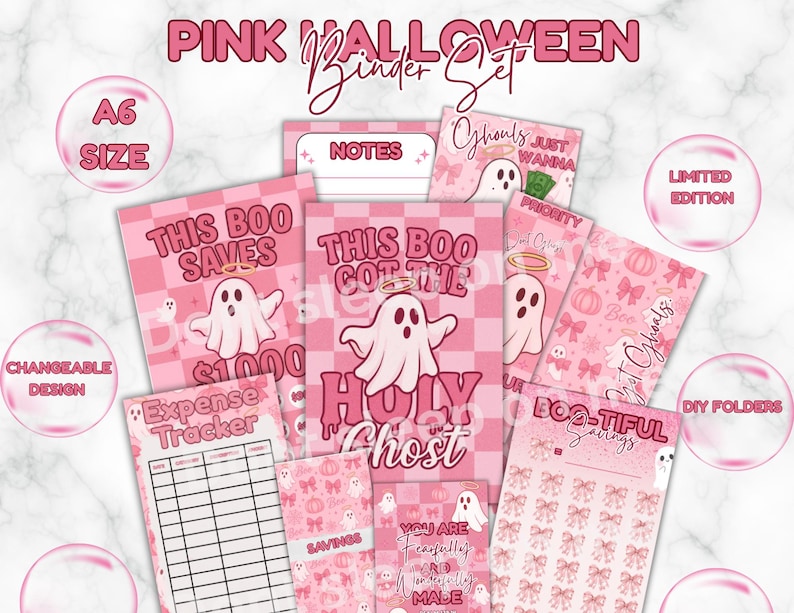 May include: A pink Halloween binder set featuring ghost illustrations and phrases like "This Boo Saves" and "Holy Ghost". The set includes inserts for expense tracking and savings. The text "A6 Size", "Changeable Design", and "Limited Edition" are also visible.