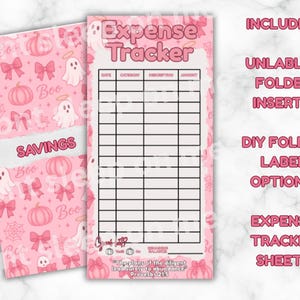 May include: Pink Halloween-themed expense tracker sheets and folder inserts. The tracker features a grid for tracking expenses, with the words "Expense Tracker" at the top. The folder insert says "Savings" and has a pattern of ghosts, bows, and pumpkins.
