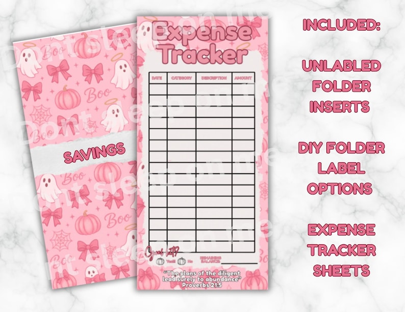 May include: Pink Halloween-themed expense tracker sheets and folder inserts. The tracker features a grid for tracking expenses, with the words "Expense Tracker" at the top. The folder insert says "Savings" and has a pattern of ghosts, bows, and pumpkins.