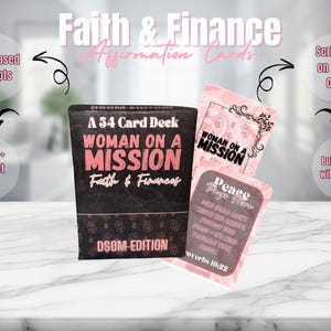 May include: A deck of "Woman on a Mission" affirmation cards with "Faith & Finance" text. The black box and pink cards feature text like "Faith-Based Prompts" and "Scripture on Every Card." The cards are designed to build wealth.