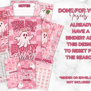 May include: Pink and white planner inserts featuring ghost and bow designs. Text includes "This Boo Saves", "This Boo Got The Holy Ghost", and "You Are Fearfully and Wonderfully Made". The inserts are designed to be added to a binder.