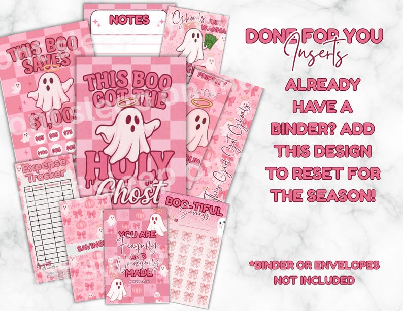 May include: Pink and white planner inserts featuring ghost and bow designs. Text includes "This Boo Saves", "This Boo Got The Holy Ghost", and "You Are Fearfully and Wonderfully Made". The inserts are designed to be added to a binder.