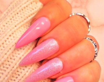 Pink & Glitter Nails | Spring Nails | Stiletto | Bespoke Nails | Custom Nails | Stick On Nails | Press On Nails | False Nails | UK Made