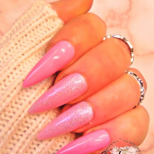 Pink & Glitter Nails | Spring Nails | Stiletto | Bespoke Nails | Custom Nails | Stick On Nails | Press On Nails | False Nails | UK Made