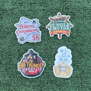 May include: Four decorative stickers featuring Disney themes: Pirates of the Caribbean 2025 Virtual 5K, Jungle Cruise runDisney Virtual 5K, Big Thunder Mountain Virtual 5K, and a Happily Ever After 2025 design with a castle and fireworks illustration.