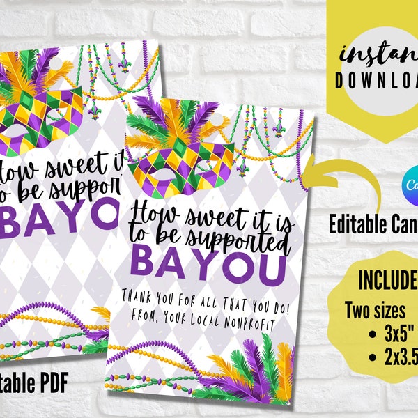 Appreciation Gift Tag, Mardi Gras, Supported BAYOU, Thank You Gift Tag, Volunteer, Staff, Employee, Donor, Avery 22802 Template