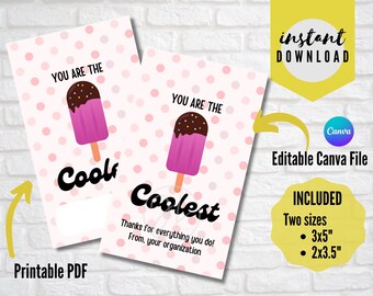Appreciation Gift Tag, You're the Coolest, Popsicle, Thank You Gift Tag, Volunteer, Staff, Employee, Donor, Avery 22802 Template