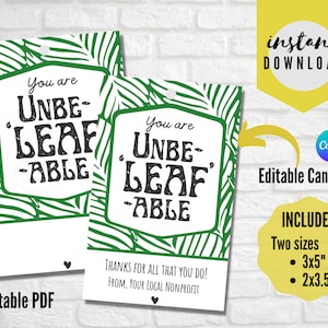 Étiquette de cadeau d'appréciation, UnbeLEAFable, étiquette de cadeau de remerciement, bénévole, personnel, employé, donateur, modèle Avery 22802