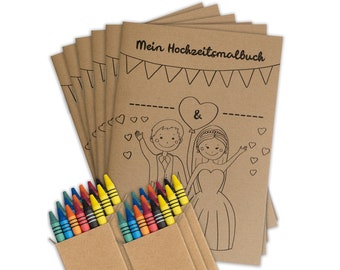 Hochzeitsmalbuch für Kinder - 6er Set - Ausmalbuch zur Hochzeit mit Wachsmalstiften DIN A6 - Kindermalbuch mit 28 Seiten