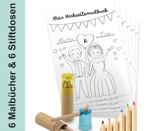 Hochzeitsmalbuch für Kinder - 6er Set - Ausmalbuch zur Hochzeit mit Buntstiften & Spitzern - Kindermalbuch mit 28 Seiten