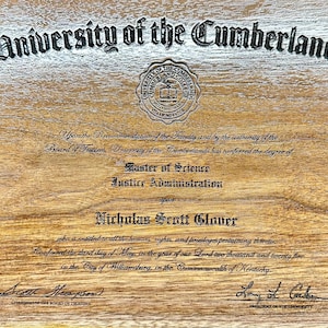 Custom laser engraved wooden degree, certificate, diploma, walnut