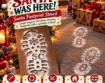 May include: A brown rectangular Santa footprint stencil featuring a boot sole cutout with snowflake and star patterns and the letters SC. The stencil is used to create white flour footprints on the floor, with text reading SANTA WAS HERE!