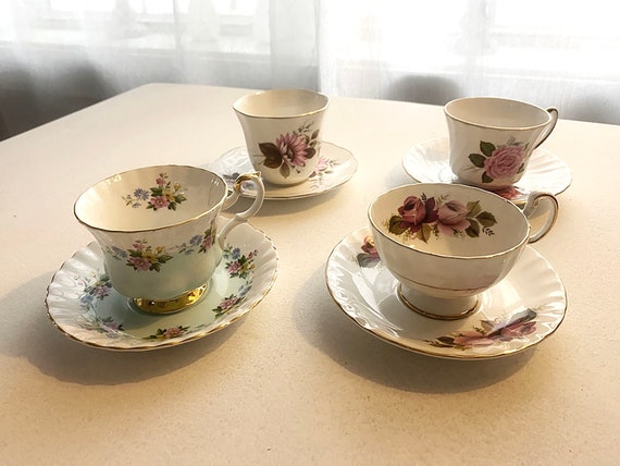 4er Set Vintage Englische Teetassen & Untertassen