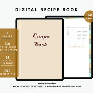 Digital Recipe Book for Xodo, Goodnotes, Notability, Digital Meal Planner, Recipe Planner, Digital Cook Book, Grocery, Hyperlinked Planner