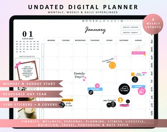 Undated Digital Life Planner iPad & Android, Digital Planning - Landscape (PDF)