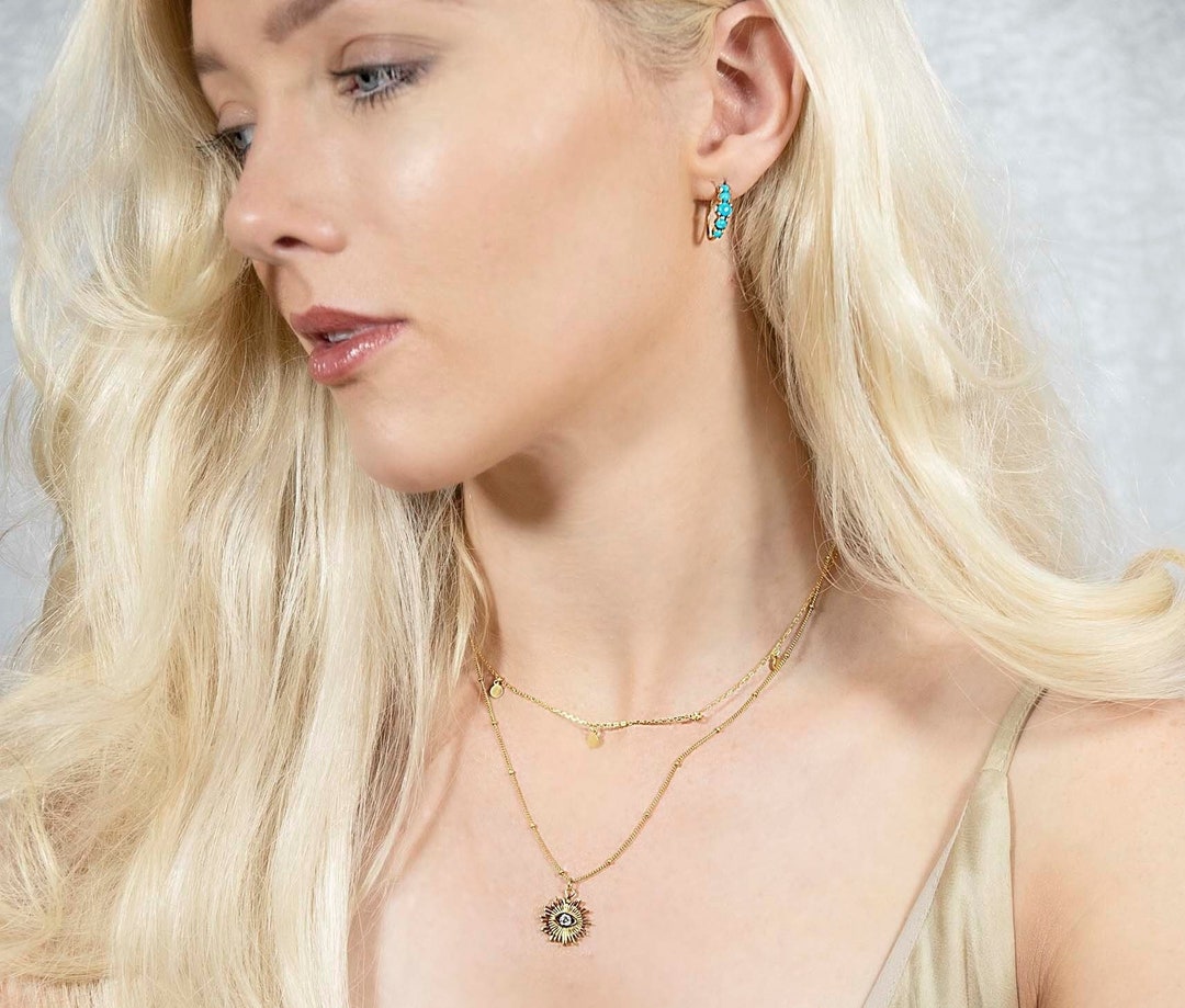 18 Ct Gold Turquoise Beaded, Gold Hoop Earrings, Spiritual Jeweller