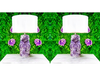 SOLD OUT - Pair of Natural Crystal Amethyst Lamps, natural gemstone amethyst lamps, gemstone amethyst table lamps, made in London