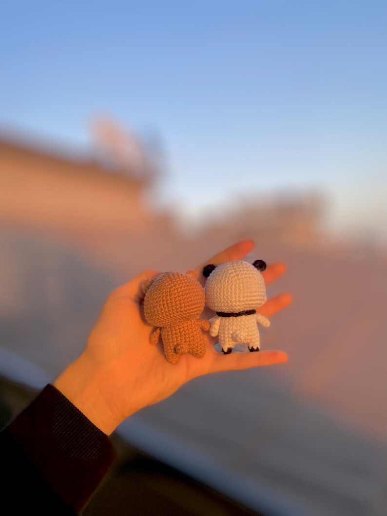 May include: Two small, crocheted bear figurines. One is tan, the other is white with black accents on the ears and feet. Both are held in an open hand against a soft, blurred background of a sunset.