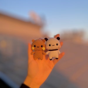 May include: Two small, handmade crochet dolls, one tan and one white, are held in a hand against a soft-focus sunset backdrop. The dolls have black eyes, small noses, and are holding hands. The tan doll has a bear-like appearance, while the white doll resembles a panda.