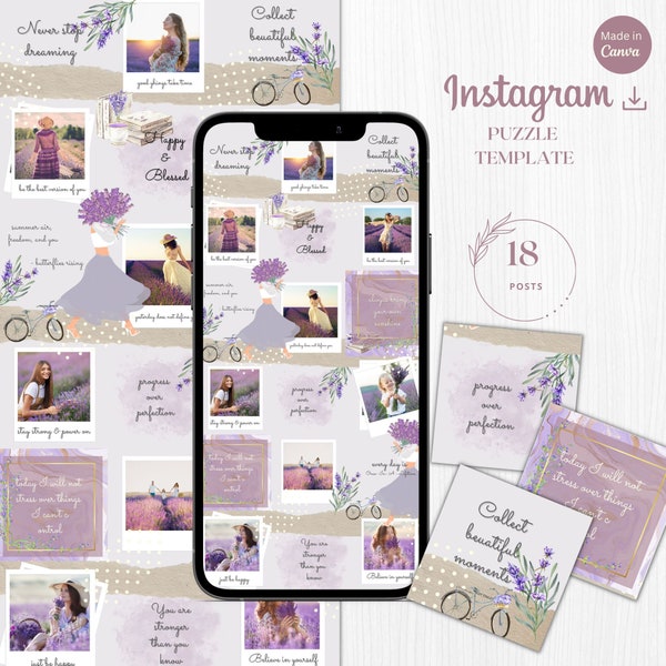 Lavender Instagram Puzzle Template for Canva, Instagram Template, Instagram Feed, Green Instagram Puzzle, Instagram posts, Instagram Grid