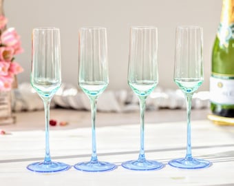 Blue Green Handblown Crystal Champagne Flute Set Toasting Stemware