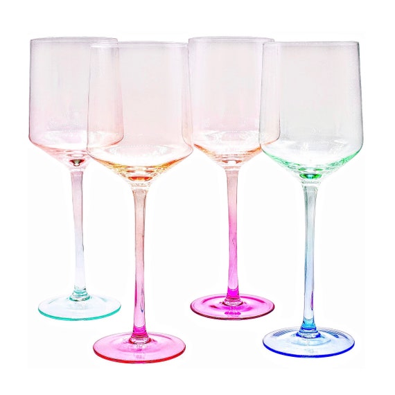 Trinkware Colored Stem Wine Glasses Set of 6 - Multi Yellow, Orange,  Purple, Blue, Red, Green - Fun Party Wine Goblets -11oz