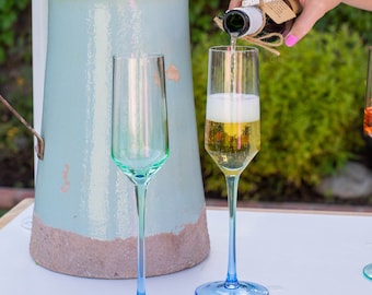 Handblown Crystal Champagne Flutes Set | Blue & Green Toasting Glasses