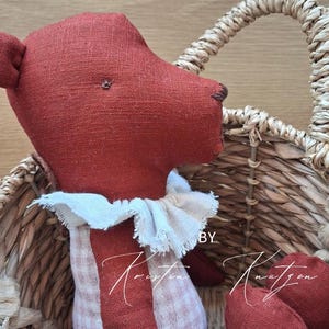May include: A rust-colored fabric bear toy with a white ruffled collar and a light pink and white gingham patterned body. The bear features a simple embroidered eye and nose, and it is positioned inside a woven wicker basket with braided handles.