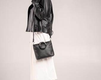 Handmade Black Leather Crossbody Bag | Minimalist Ring Handle Purse