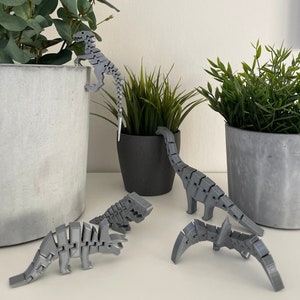 Può includere: Quattro figurine di dinosauro articolate grigie, tra cui un triceratopo, uno stegosauro, un brachiosauro e un velociraptor. I dinosauri sono posizionati su una superficie bianca davanti a piante in vaso.