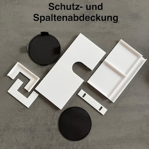 Puede incluir: Varios componentes de plástico blanco y negro, incluyendo formas circulares y rectangulares, y una pieza con el texto "Schutz- und Spaltenabdeckung". Los elementos están dispuestos sobre una superficie gris.