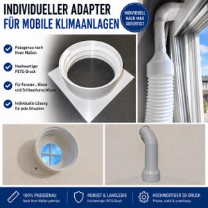 Könnte beinhalten: Ein weißer, 3D-gedruckter PETG-Adapter für mobile Klimaanlagen. Das Set enthält einen runden Anschluss mit quadratischer Basis, einen flexiblen weißen Abluftschlauch im Fenster, einen runden Wandanschluss sowie ein gebogenes graues Verbindungsstück.