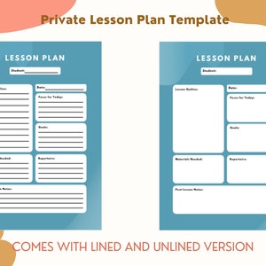 Op de afbeelding: Een printbare lesplan sjabloon met een blauwe achtergrond en witte tekst. De sjabloon bevat secties voor de naam van de leerling, de datum, de lesomschrijving, de focus voor vandaag, doelen, benodigde materialen, repertoire en aantekeningen na de les.