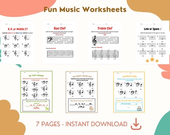 Fun Music Worksheets INSTANT DOWNLOAD - Treble Clef, Bass Clef, The Staff