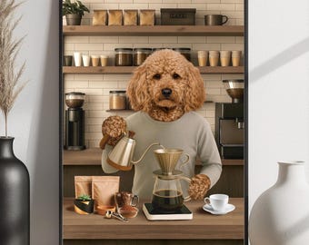Coffee Lover Pet Portrait, Custom Dog Portrait, Unique Cafe Wall Art Print, Personalized Coffee Bar Decor, Funny Dog Owner Gifts Christmas