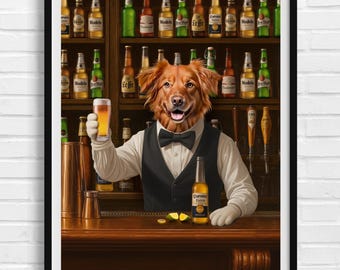 May include: A framed print depicts a dog dressed as a bartender, holding a glass of beer and a bottle of Corona Extra. The dog wears a white shirt, black vest, and bow tie, standing behind a wooden bar with bottles on shelves.
