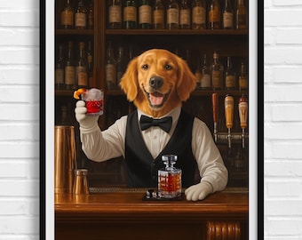 May include: A golden retriever dressed as a bartender is holding a glass of red liquid with an orange garnish. The dog is wearing a black vest with a bow tie and white gloves. The dog is standing behind a wooden bar with bottles of alcohol on shelves behind the bar.