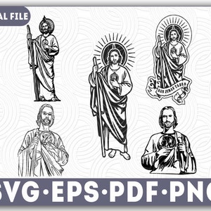 May include: Black and white line art illustrations of four religious figures. Each figure is depicted with a staff and a halo. The text "SAN JUDAS TADEO" appears in the bottom right corner of the image.