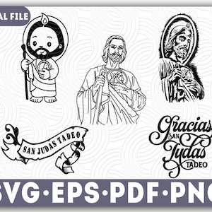 May include: Black and white digital file download of three religious figures, including Saint Jude Thaddeus, with the text "San Judas Tadeo" and "Gracias San Judas Tadeo".