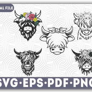 May include: Five black and white line art illustrations of Highland cow heads. Each cow has a different floral design on its head. The designs include a flower crown, a sunflower crown, and a bow.
