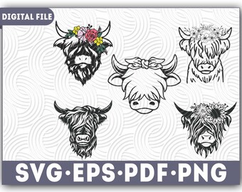 Highland Cow svg, 5 Files, highland cow bundle svg, Highland Heifer svg, Cow Png, Cow svg, Cow with Flower Crown SVG, Cute Cow svg, cricut
