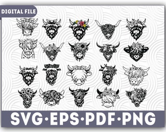 Highland Cow svg, 20 Files, highland cow bundle svg, Highland Heifer svg, Cow svg, Cow Png, Cow with Flower Crown SVG, Cute Cow svg, cricut.