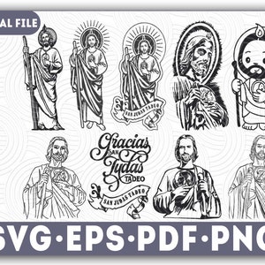 May include: A set of eight black and white digital illustrations of Saint Jude Thaddeus. The illustrations feature different depictions of the saint, including a traditional image with a staff and a more modern image with a heart. The text "Gracias San Judas Tadeo" is included in the image.