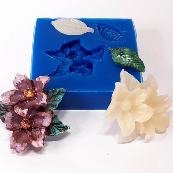 Moule silicone fleurs 3D, poinsettia, fleur double, fleur et feuille, fleur de noël, décoration noël  .