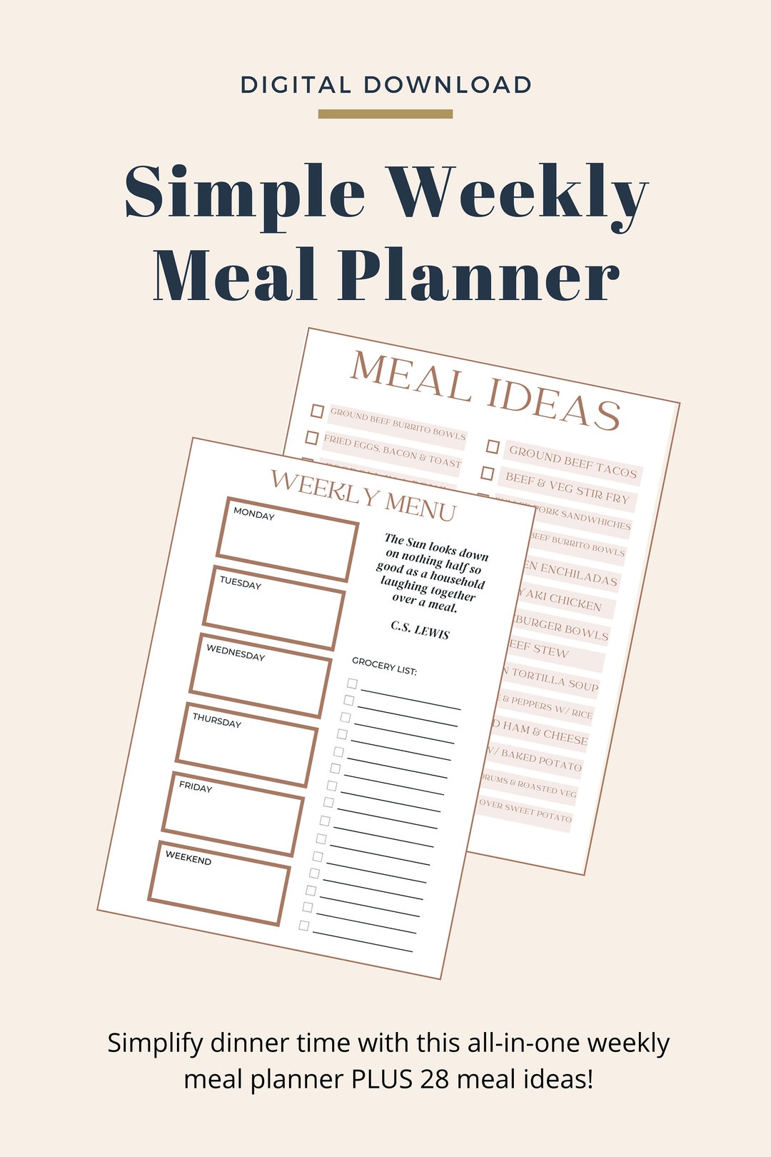 Weekly Meal Planner Busy Moms Planner Simple Meal Planner Printable ...